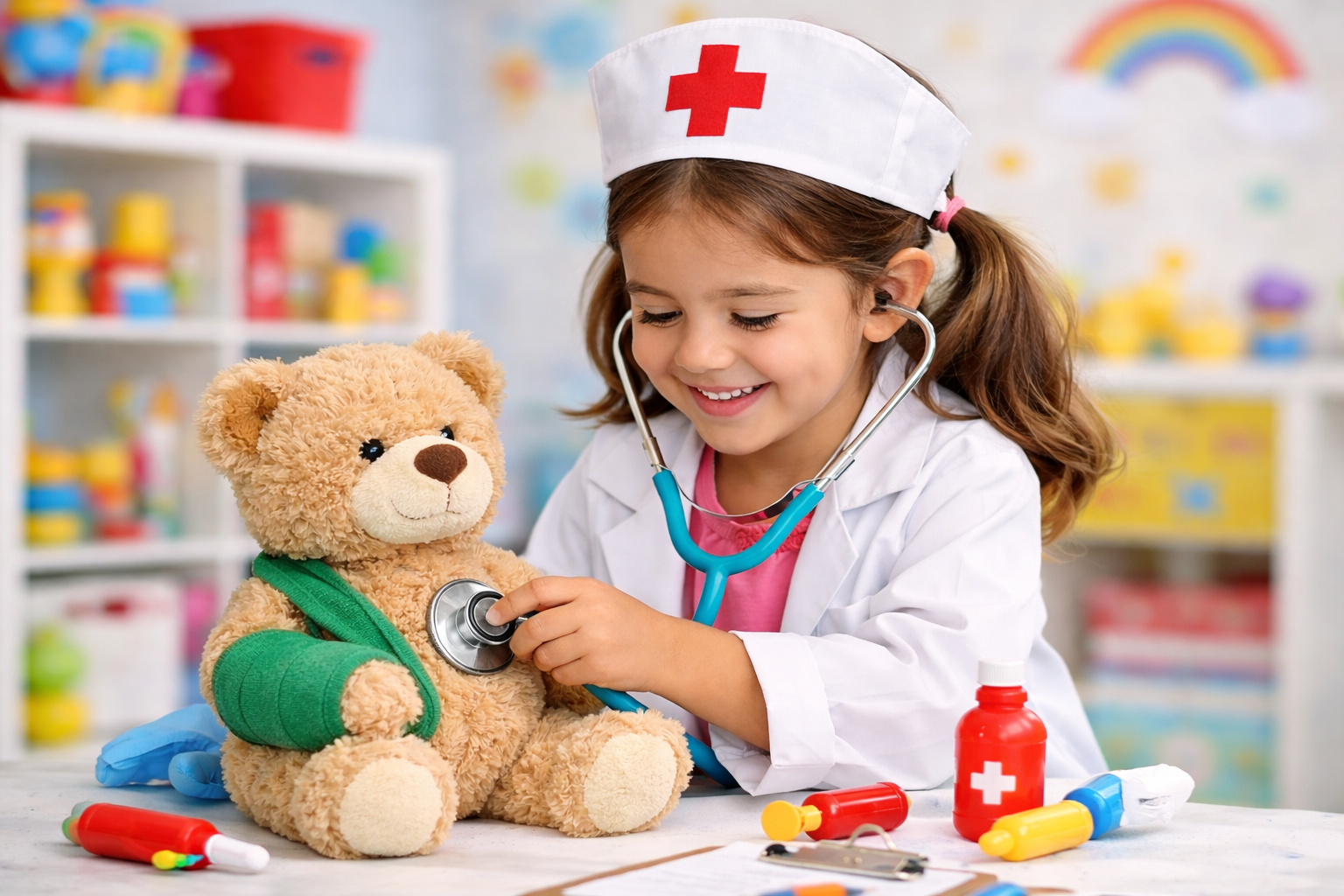 Little girl dressed as doctor with teddy bear